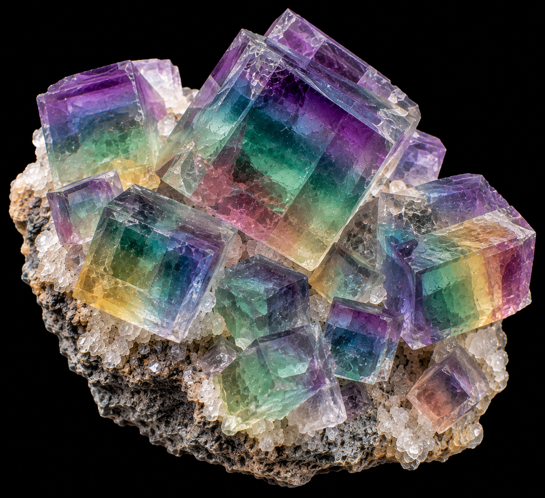 Fluorite arc-en-ciel naturelle sur fond noir.