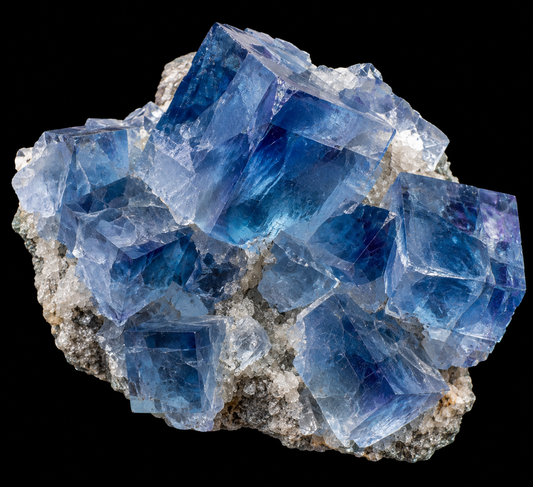 Fluorite bleue naturelle sur fond noir.
