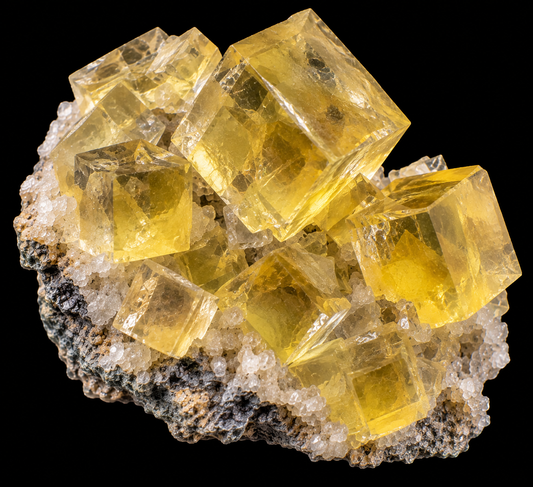 Fluorite jaune naturelle sur fond noir.