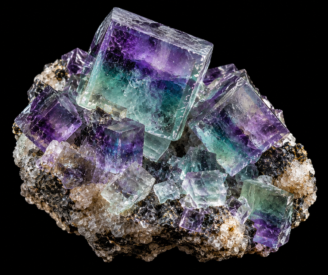 Fluorite magnifique sur fond noir.