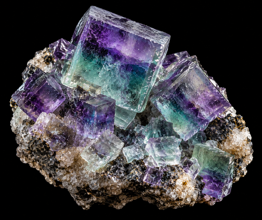 Fluorite magnifique sur fond noir.