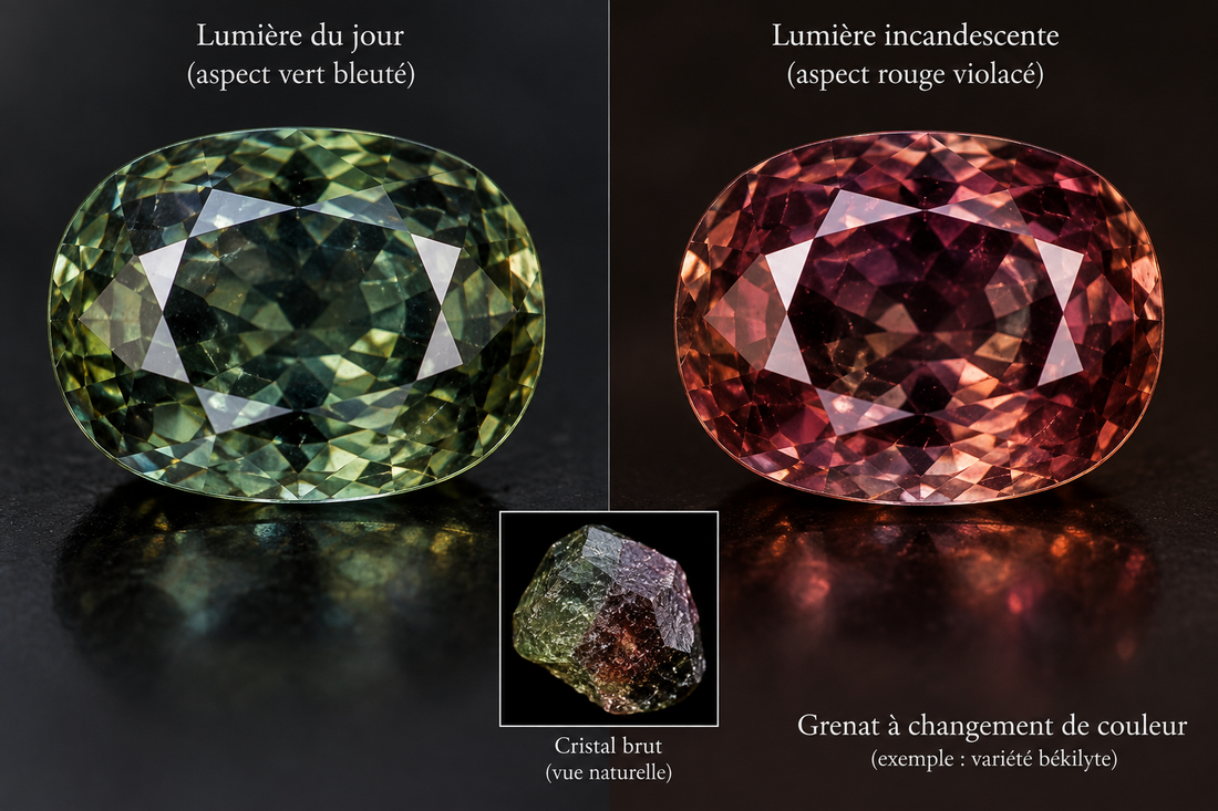 Grenat à changement de couleur sur fond noir.