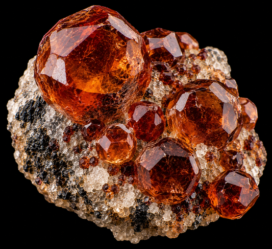 Grenat hessonite naturel sur fond noir.