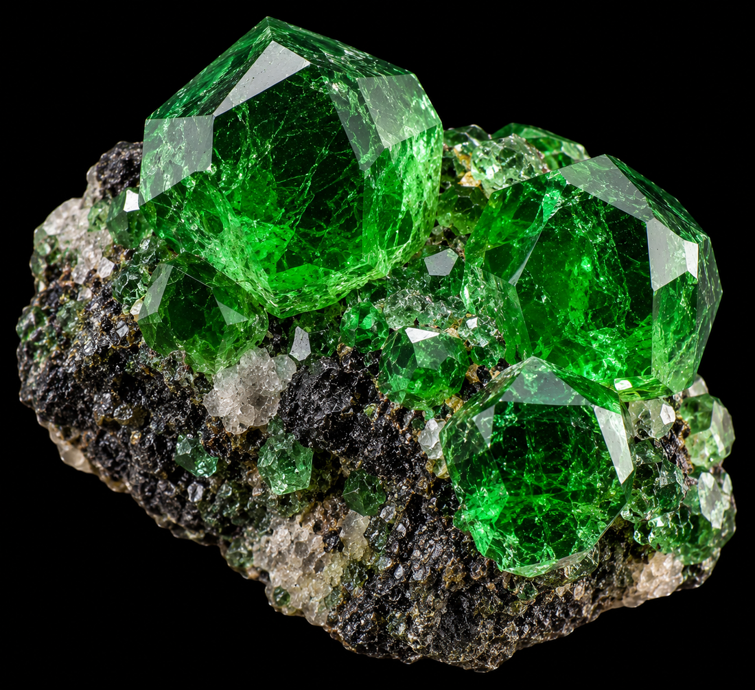 Grenat tsavorite naturel sur fond noir.