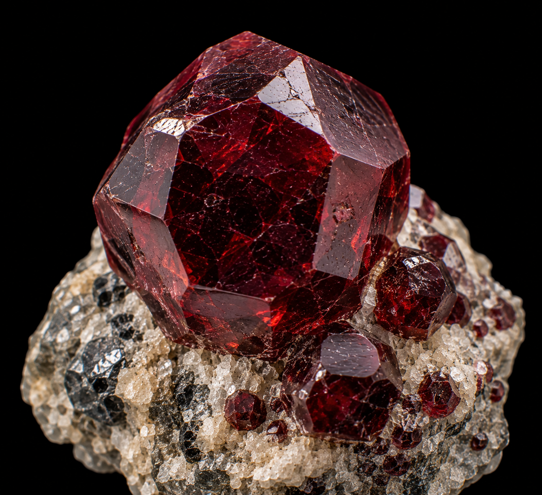 Grenat pyrope sur fond noir.