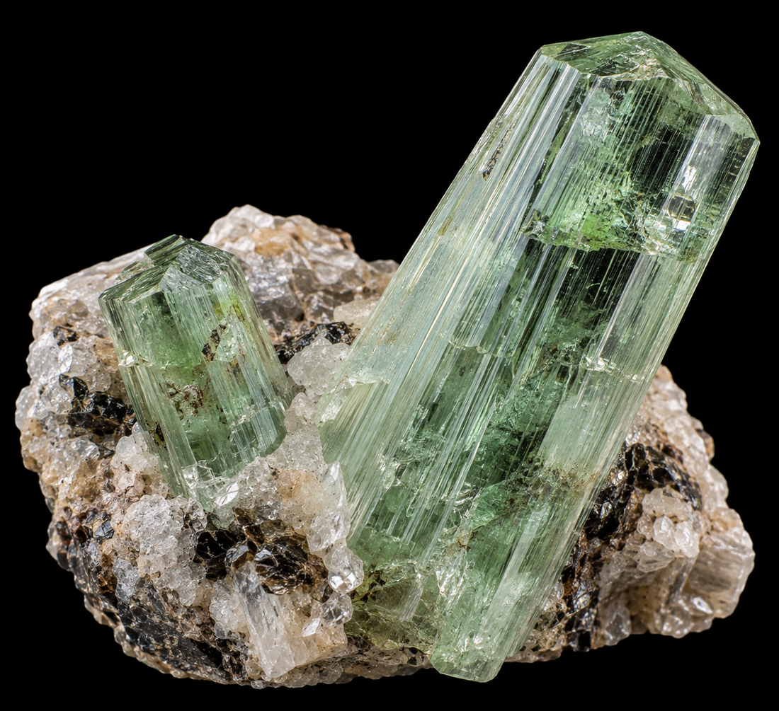 Hiddenite naturelle sur fond noir.