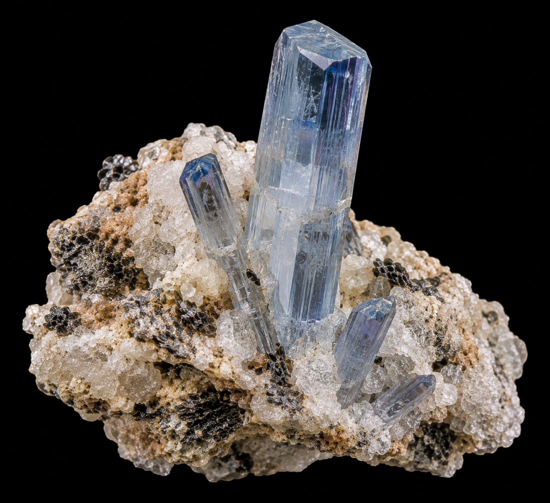 Jeremejevite naturelle sur fond noir.