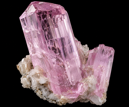 Kunzite naturelle sur fond noir.