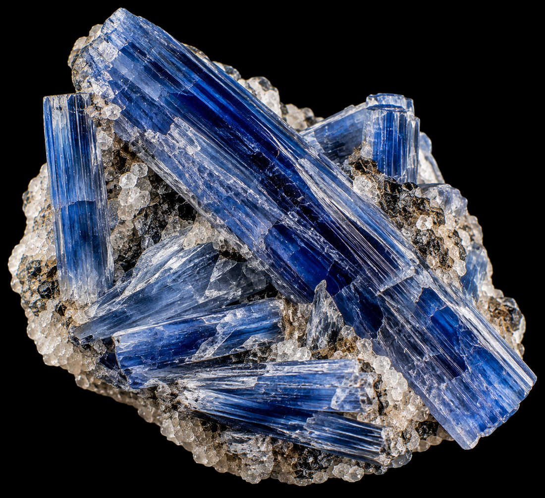 Kyanite naturel sur fond noir.