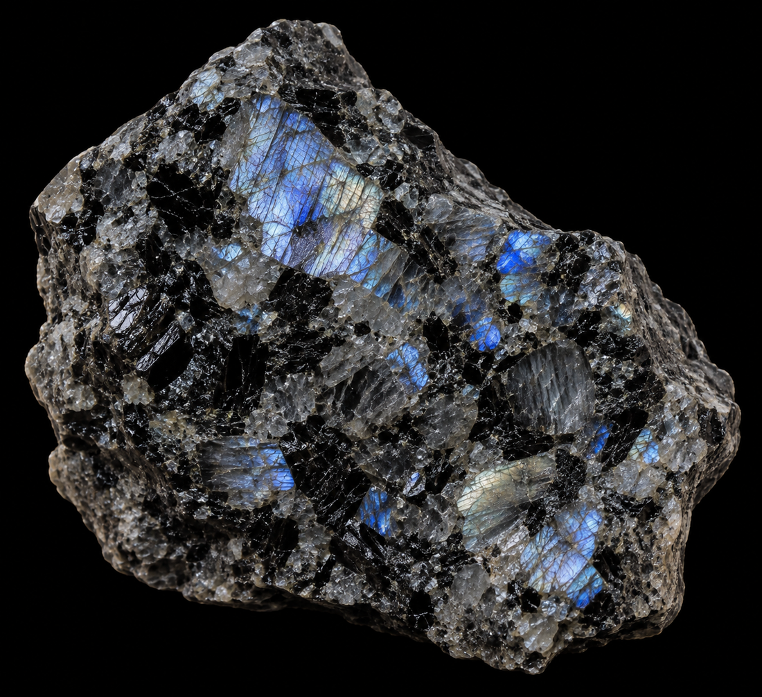 Larvikite naturelle sur fond noir.