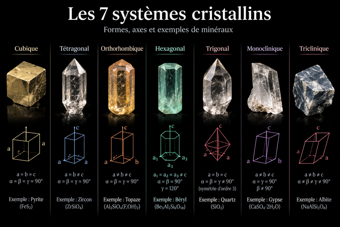 Les 7 systèmes cristallins expliqués sur une affiche.