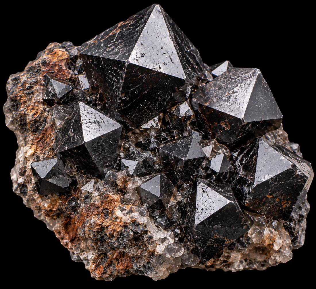 Magnétite naturelle sur fond noir.