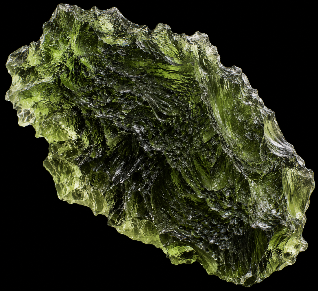 Moldavite naturelle sur fond noir.