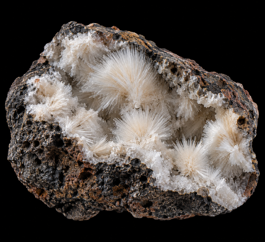 Mordenite naturelle sur fond noir.