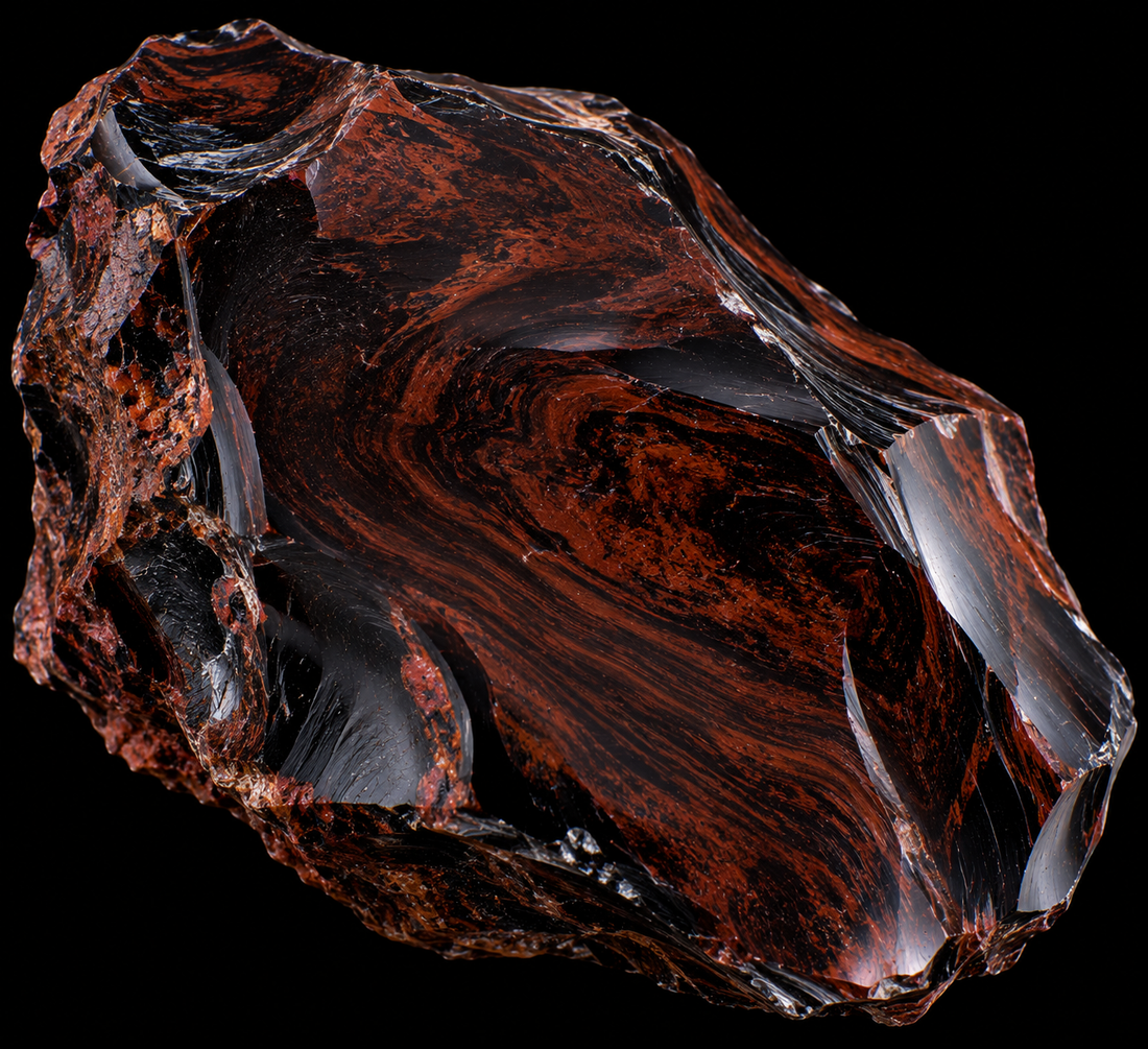 Obsidienne acajou naturelle sur fond noir.