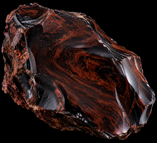 Obsidienne acajou naturelle sur fond noir.