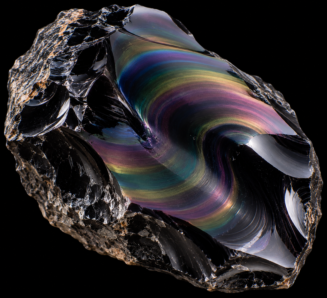 Obsidienne arc-en-ciel naturelle sur fond noir.