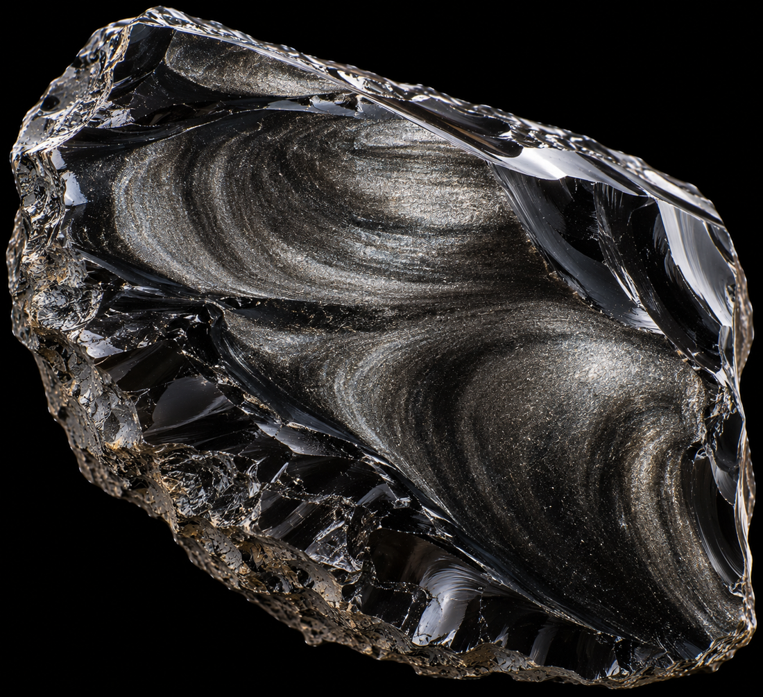 Obsidienne argentée naturelle sur fond noir.