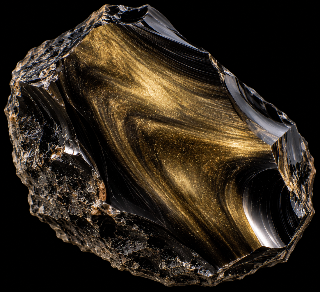 Obsidienne dorée naturelle sur fond noir.