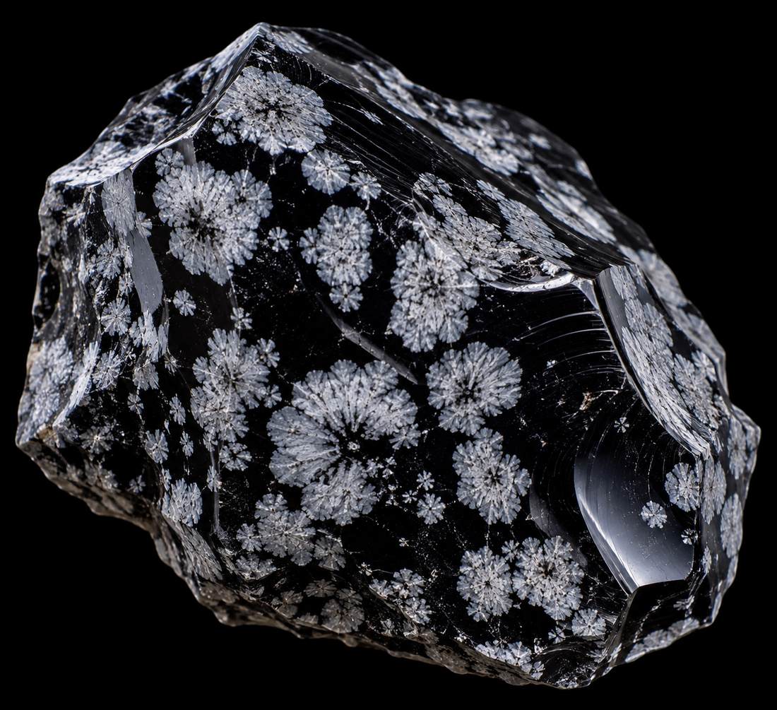 Obsidienne flocon de neige naturelle sur fond noir.