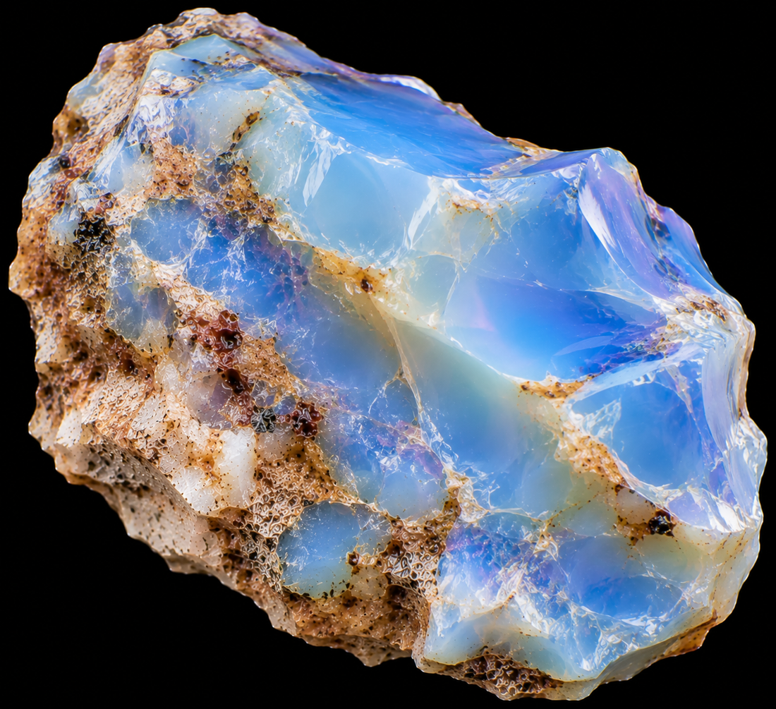 Opale bleue naturelle sur fond noir.