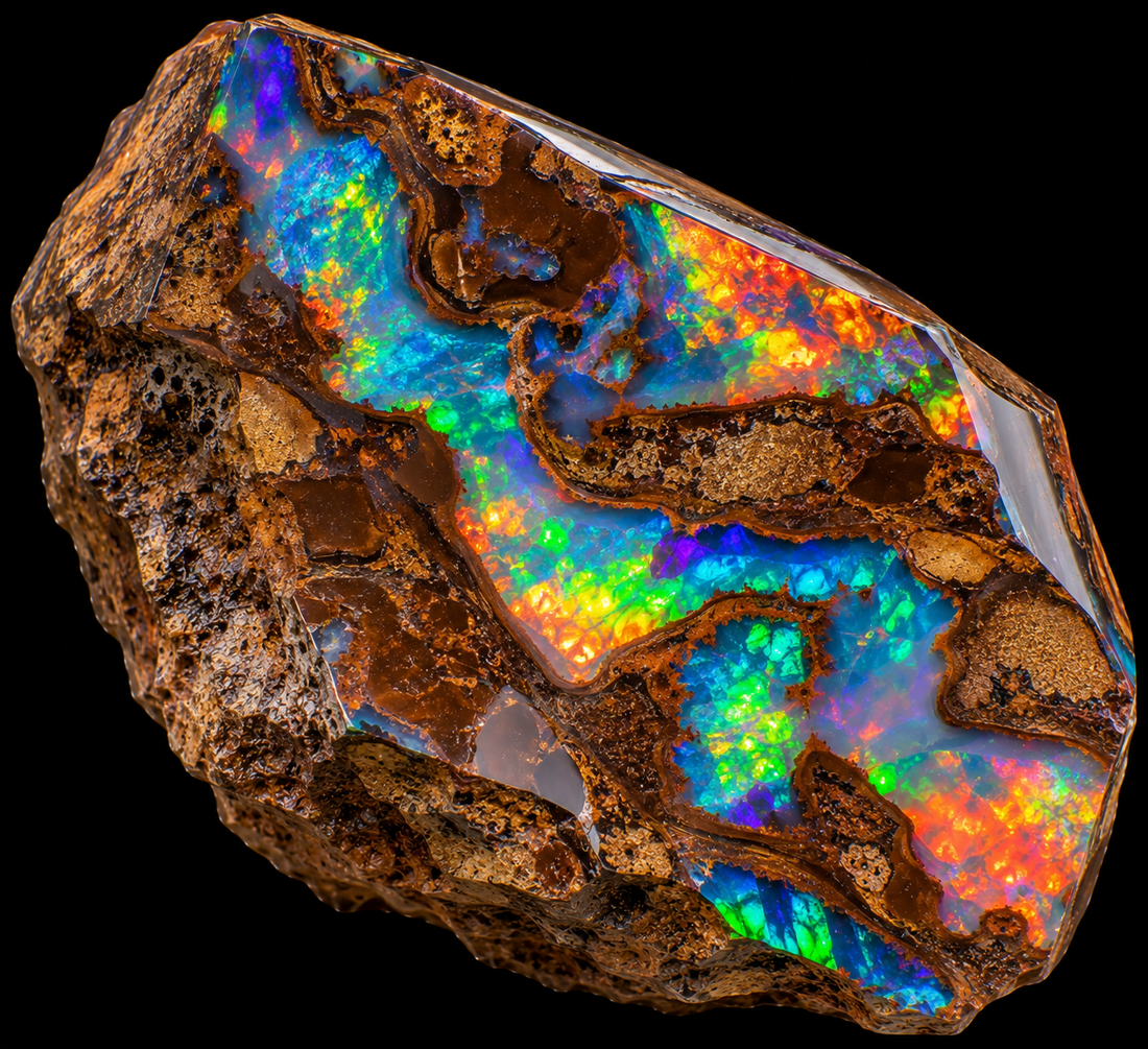 Opale boulder sur fond noir.