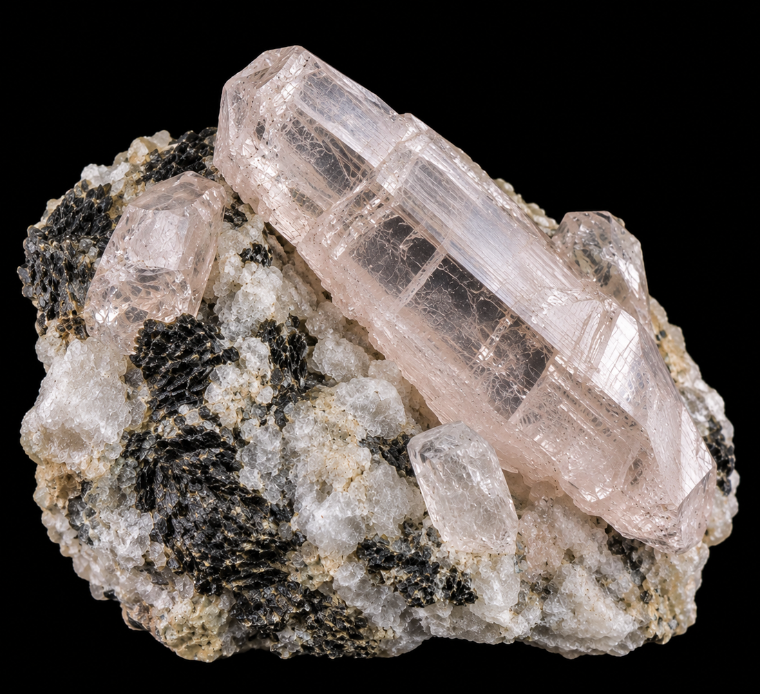 Pétalite naturelle sur fond noir.