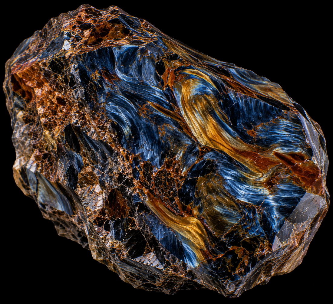 Pietersite naturelle sur fond noir.