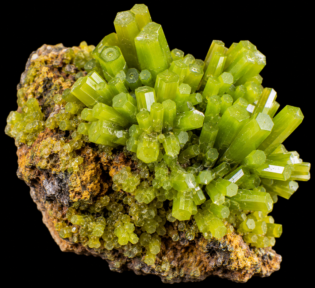 Pyromorphite sur fond noir.