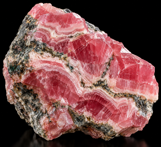 Rhodochrosite naturelle sur fond noir.