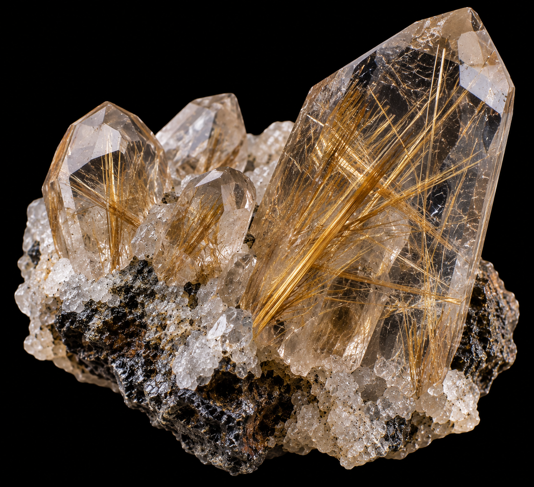 Rutile naturel sur fond noir.