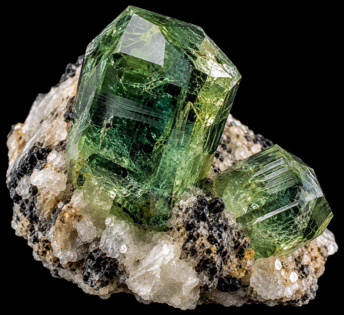 Saphir vert naturel sur fond noir.