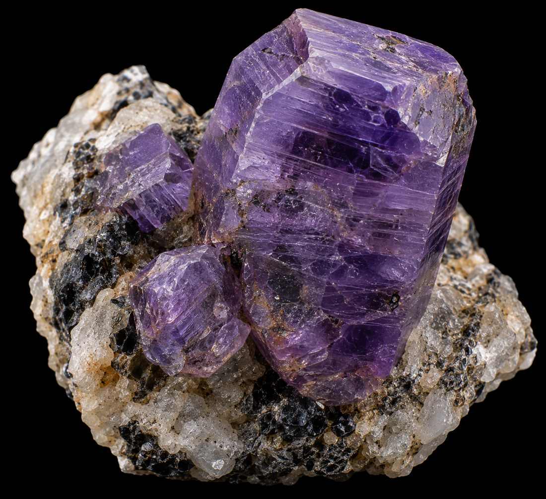 Saphir violet naturel sur fond noir.