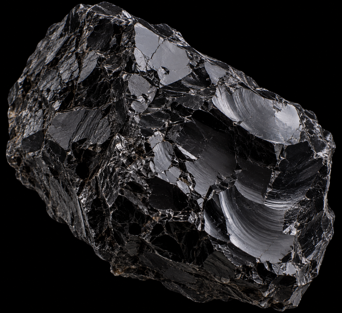 Shungite naturelle sur fond noir.