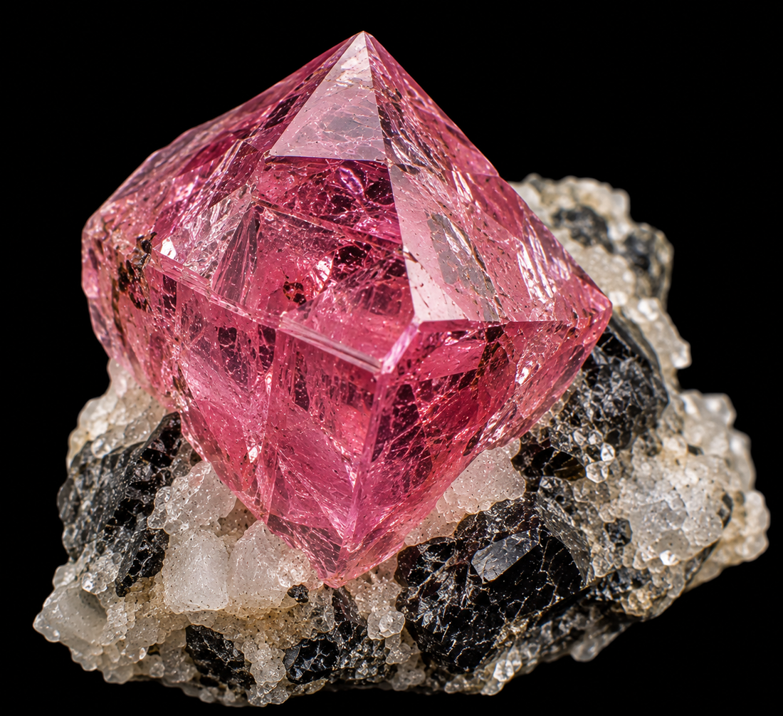 Spinelle rose naturel sur fond noir.