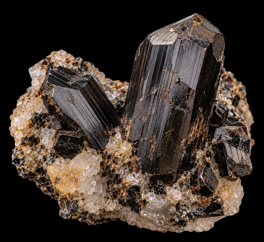 Tantalite naturelle sur fond noir.