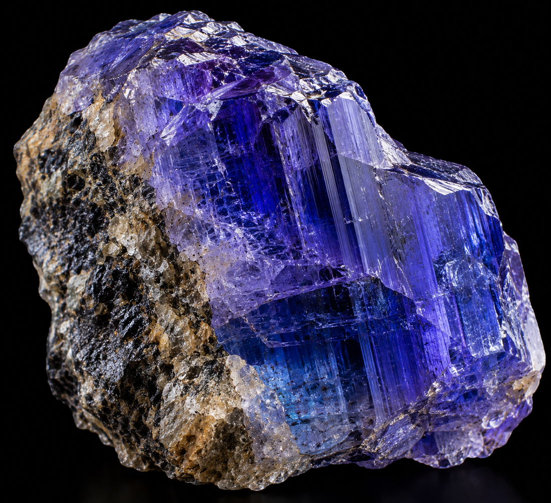 Tanzanite naturelle sur fond noir.