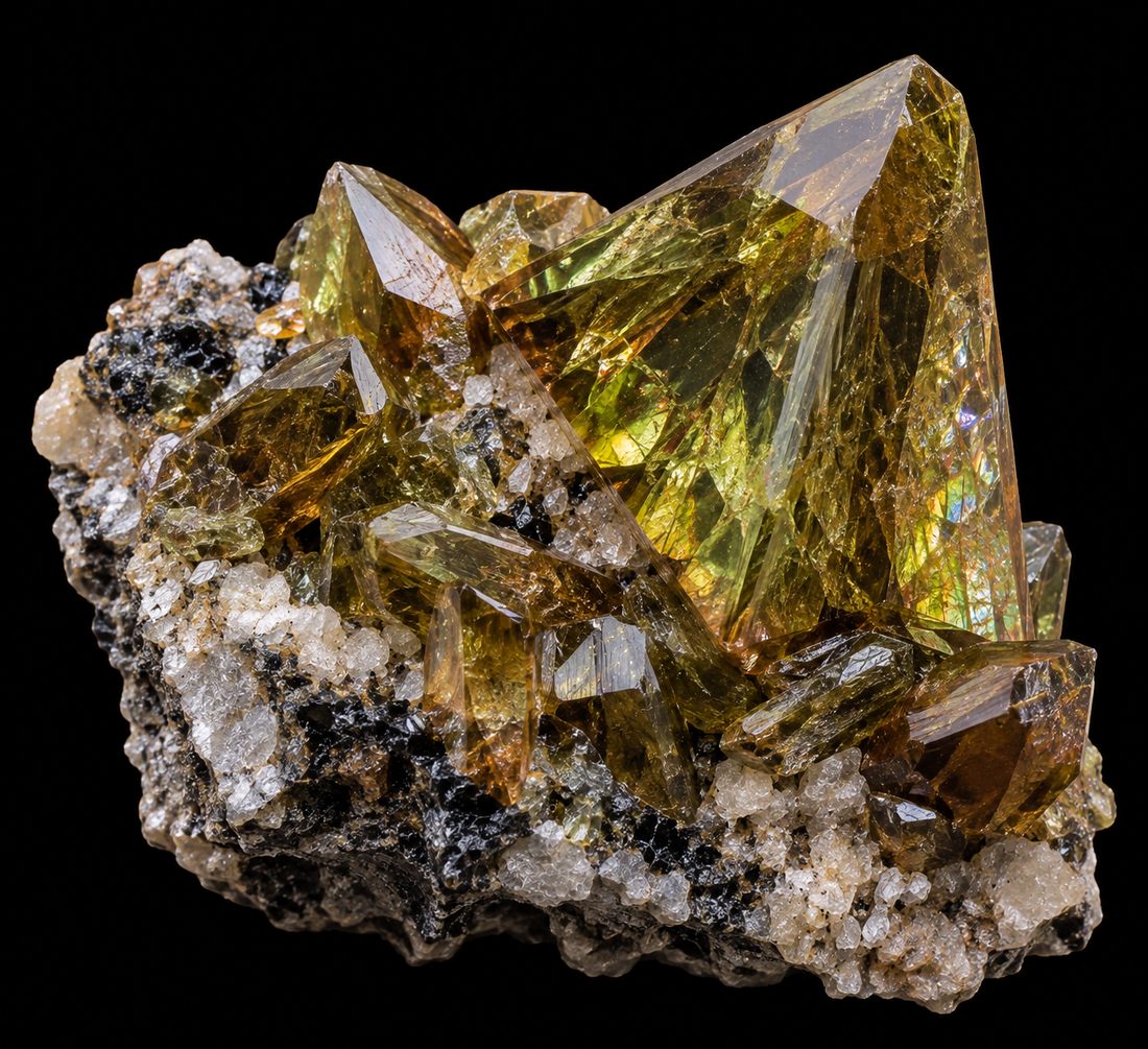 Titanite naturelle sur fond noir.