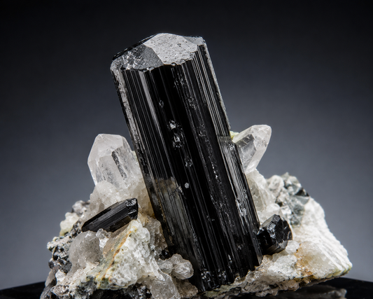 Tourmaline noire sur fond noir.