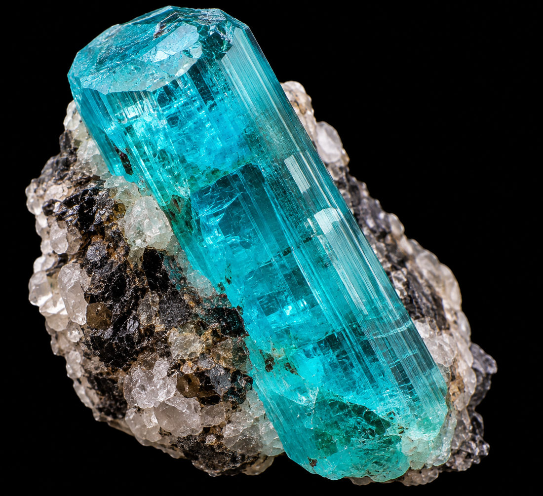 Tourmaline Paraíba naturelle sur fond noir.