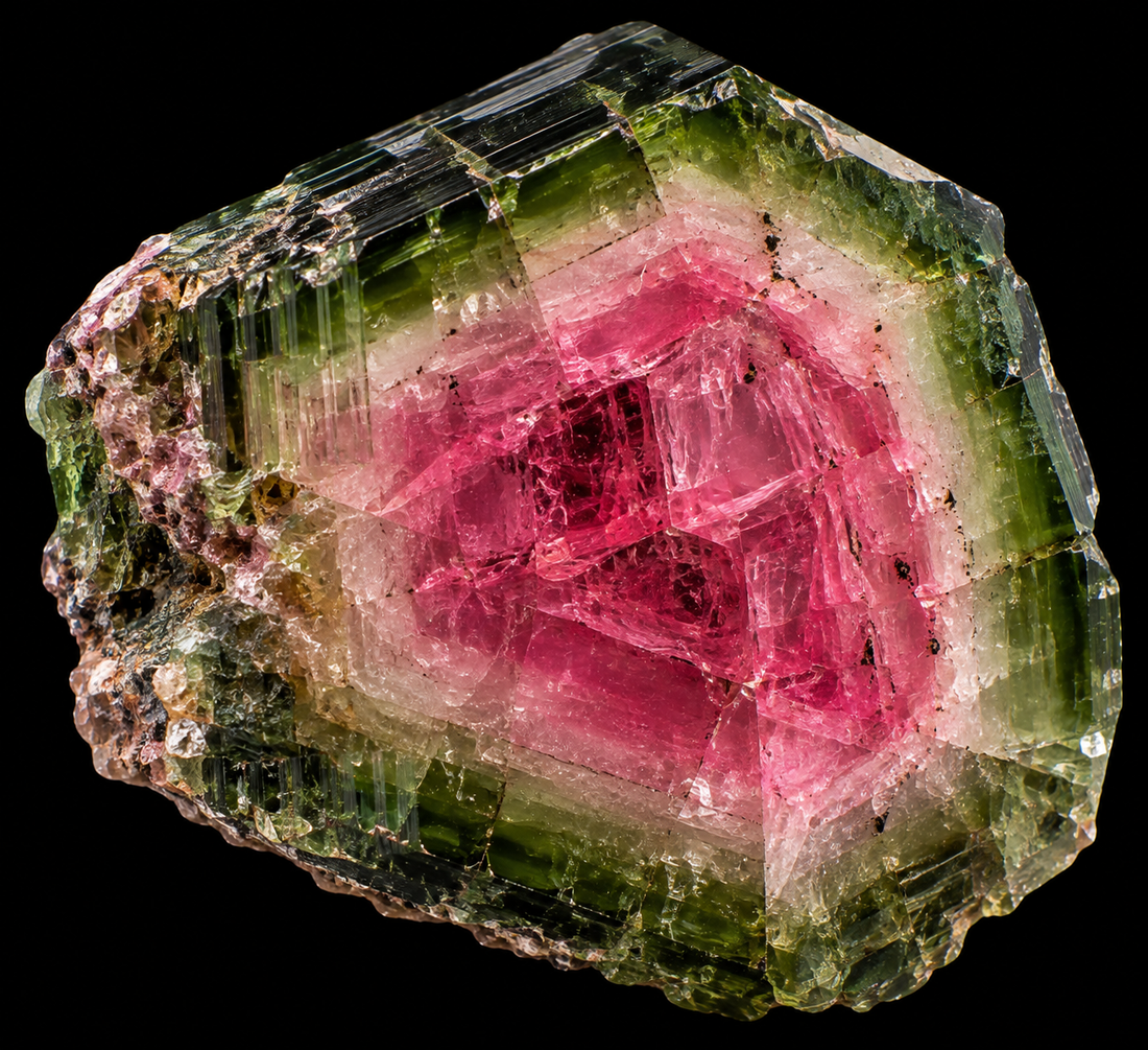 Tourmaline pastèque naturelle sur fond noir.