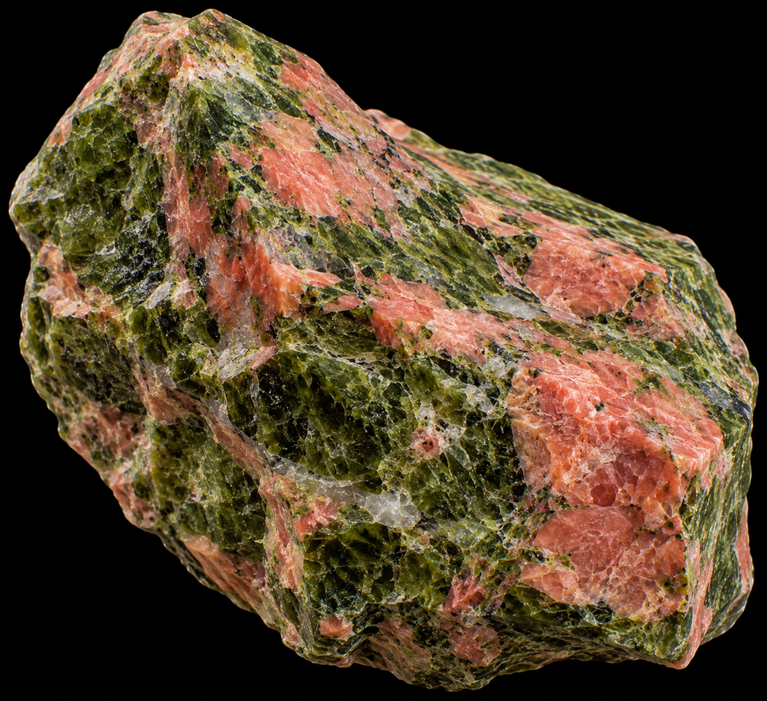 Unakite naturelle sur fond noir.