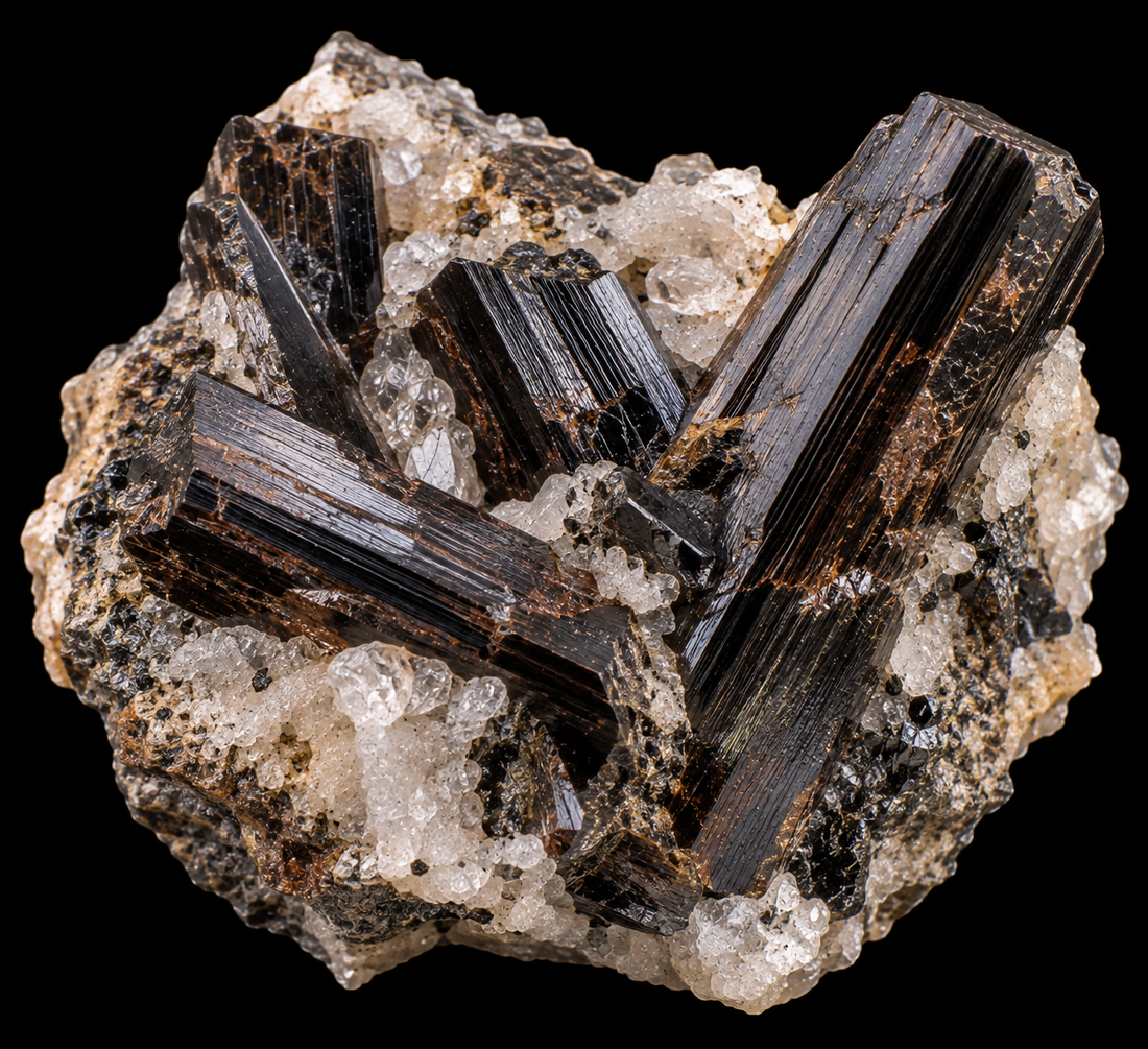 Wolframite naturelle sur fond noir.